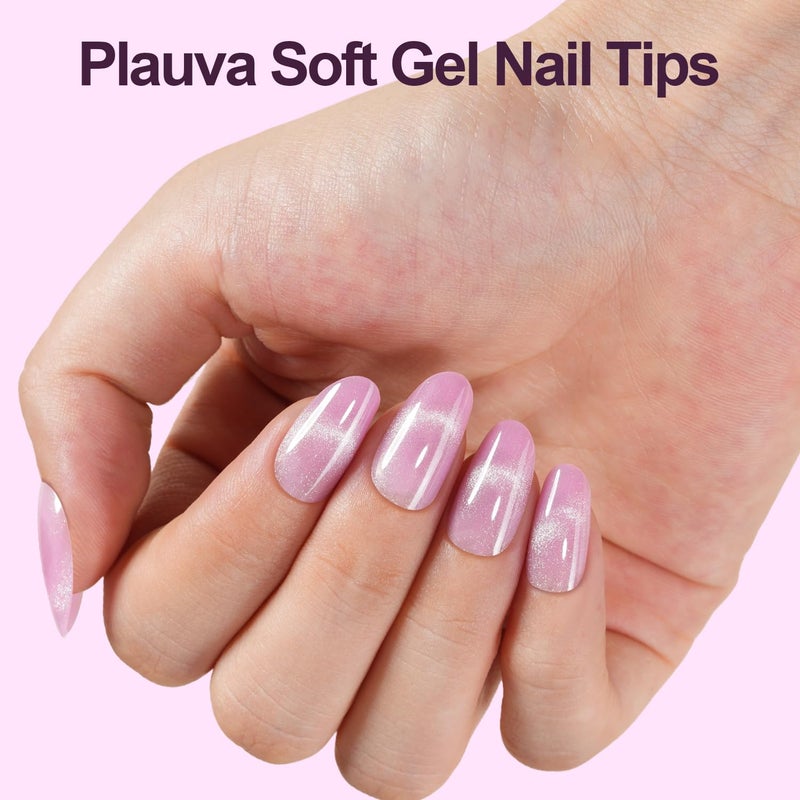 Plauva Cat Eye Press on Nails, 300Pcs Short Oval Cat Eye Nail Tips, Glossy Glitter Soft Gel Fake Nails for Women and Girls Stick On Nails in 15 Sizes - Image 2